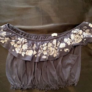 cropped navy blue off the shoulder shirt